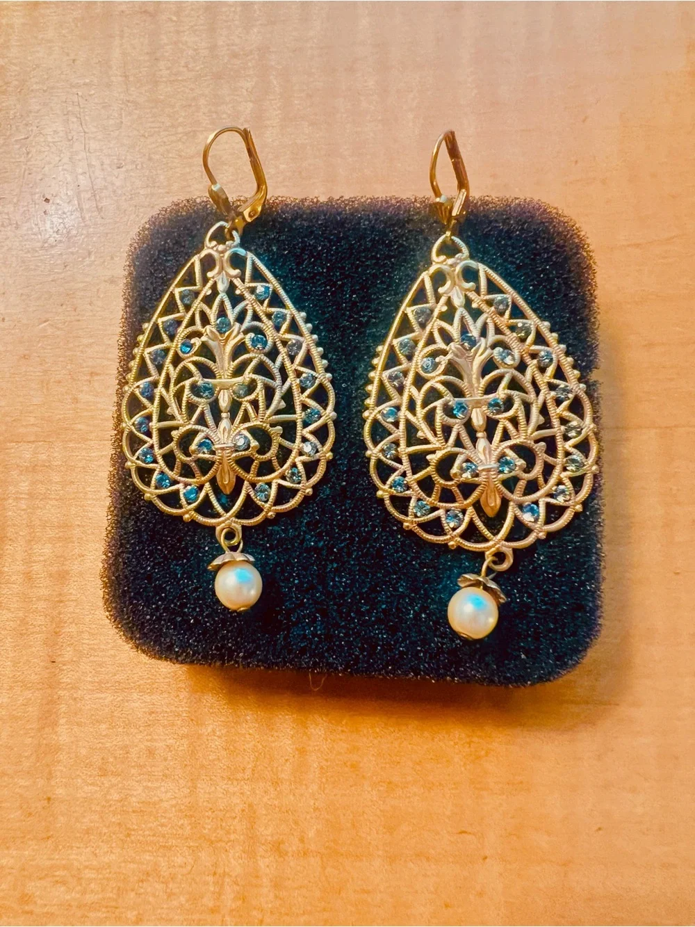 Gold Filigree Teardrop Earrings with Blue Accents and Pearl Drops